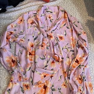Pleione Pink and Orange Long Sleeve Tie Front Blouse